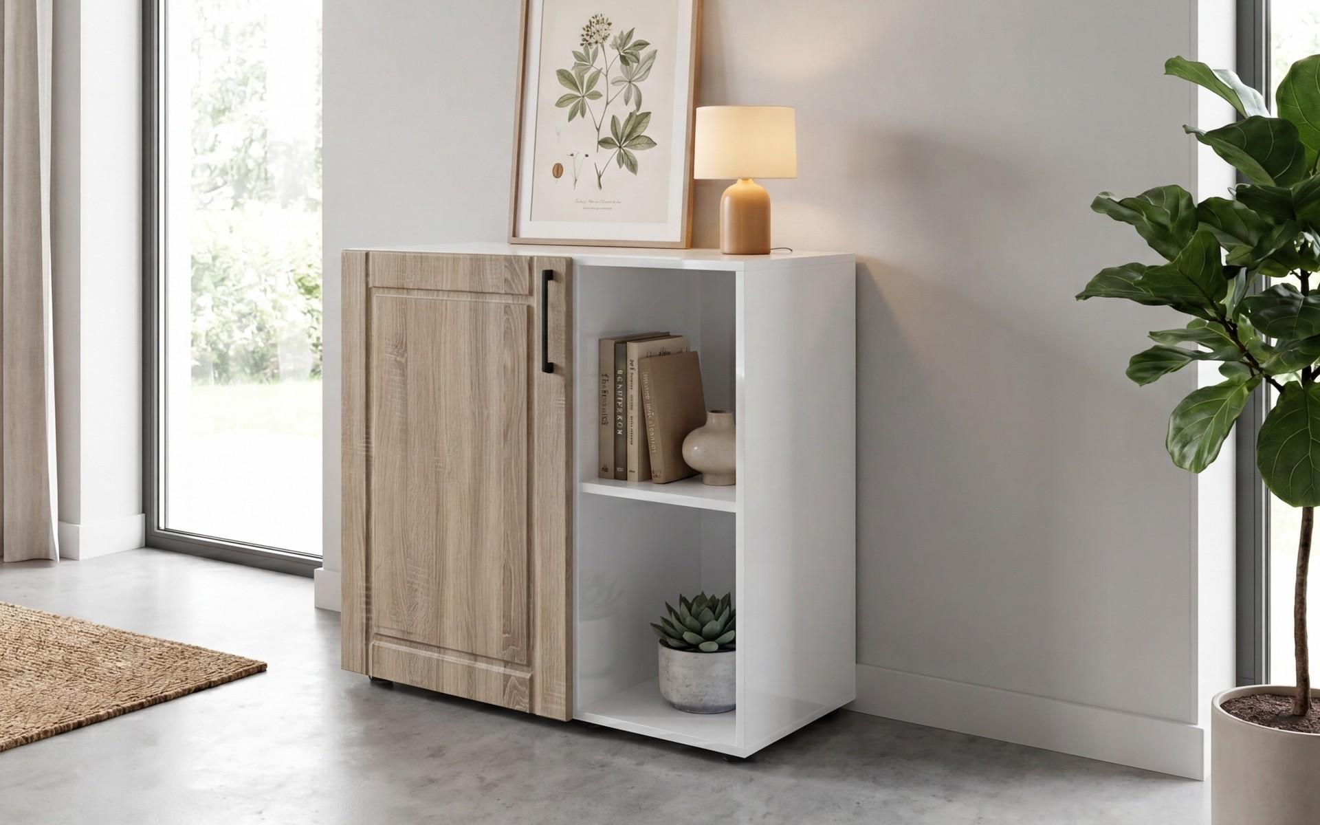 Συρταριέρα MDF Mono, λευκό γυαλιστερό + δρυς sonoma  3